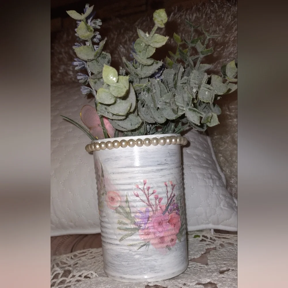 Unique Romantic Shabby Chic Tin Can Vase with Frosted Greenery & Faux Pearls